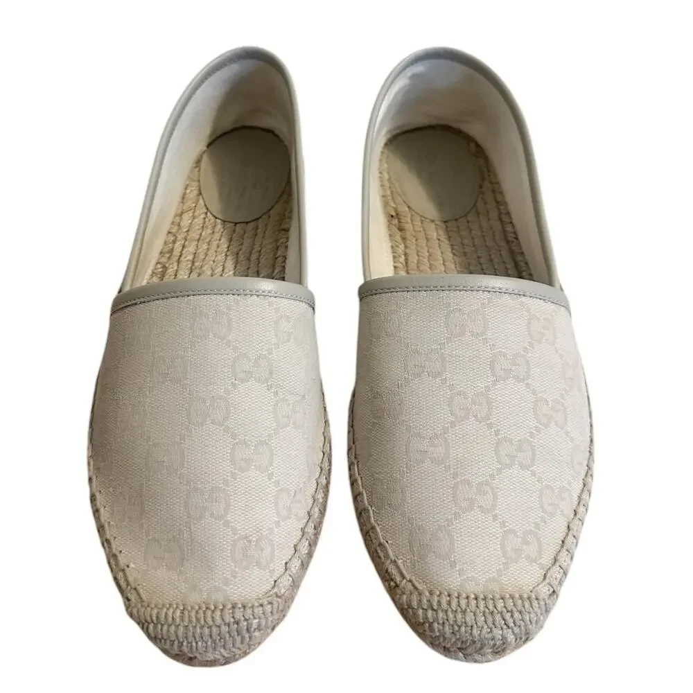 Gucci GG Supreme Cream White Monogram Espadrille Flats 39.5 Logo